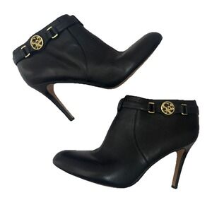 Coach Ankle Boots Women's 7 Black Leather Stiletto Heel Gold Logo Zip